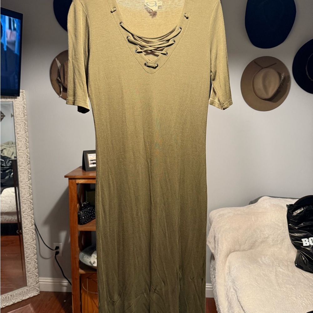 Stylish Olive Green Lace-Up Dress